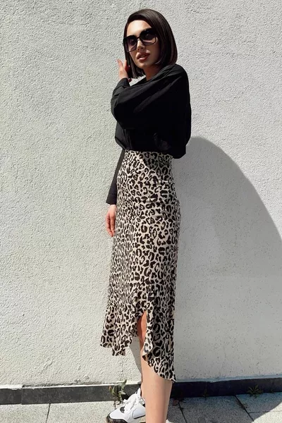 Leopard Print Asymmetrical Cut Flounced Midi Skirt with Slits Cm