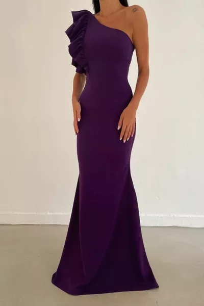 One Shoulder Flounced Fish Style Crepe Dress Purple