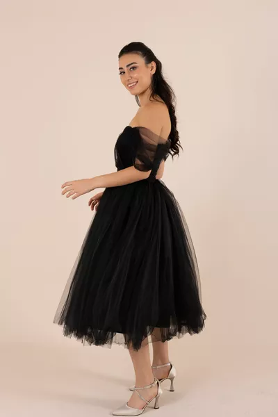 Agnès Tulle Col Coeur Manches Basses Poitrine Drapé Noir