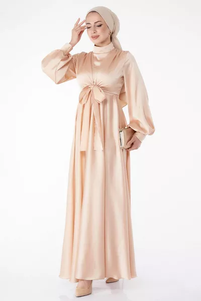 Robe de soirée droite à col juge pour femme beige avec lien sur le devant - 