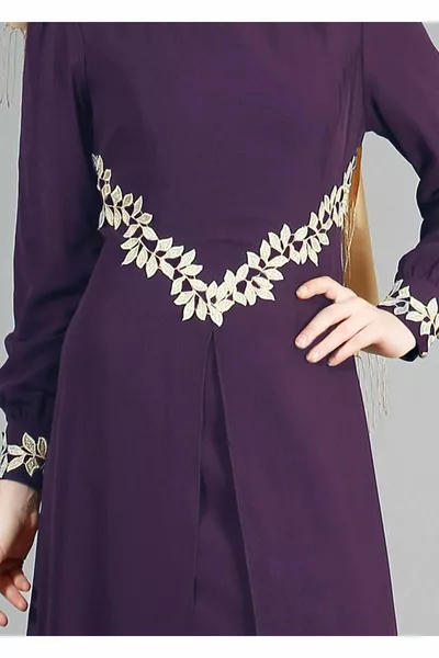 Dames Purple T  Fy Collection-Kant Gedetailleerde Chiffon Avondjurken