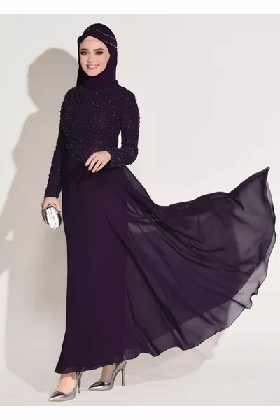 Дамска лилава вечерна рокля с пайети и перли 