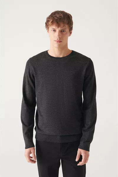 Heren Antraciet Fijngebreide Trui met Fietsnek van Wolmix 