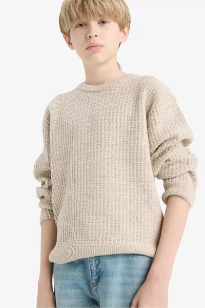 Boys Beige Crew Neck Basic Plain Knit Sweater AU