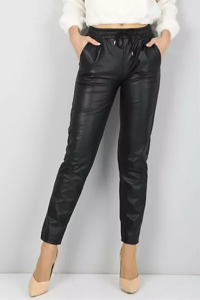 Women's Fleece-Lined Leather Jogger Pants with Elastic Waist