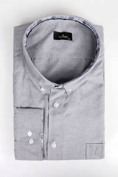 Men's Big Size Long Sleeve Cotton Oxford Texture Single Pocket Gray Button-Down Collar Shirt