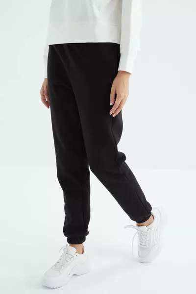 Pantalon de survêtement pour femme basique en coton à trois fils, noir, taille haute, molletonné - 
