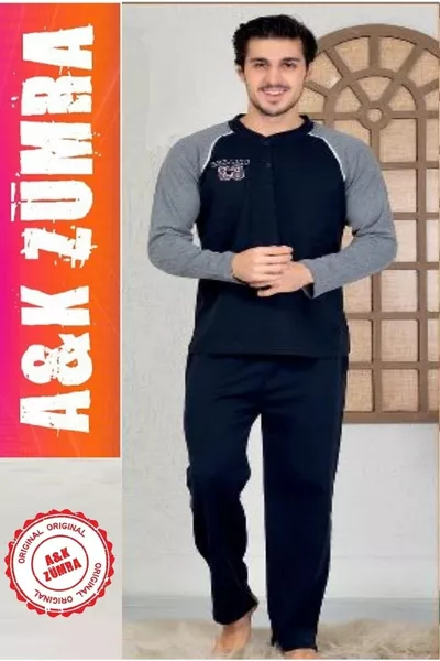 Ökonomischer Herrenpyjama aus Baumwoll-Strick für den Winter, Dunkelblau