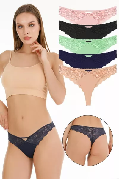 Women's Lace Detail Brazilian Slip 5-Pack Panty Set - 