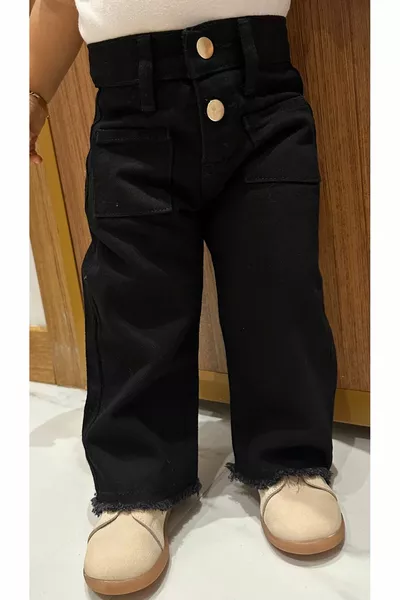 Kız Çocuk Siyah Geniş Paça Kot Denim Pantolon