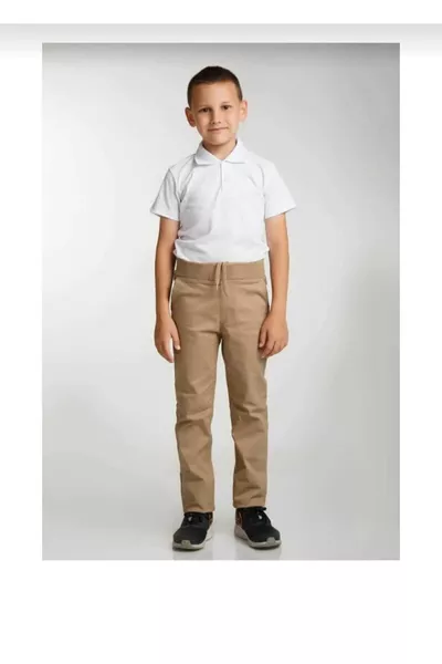 Bej Ribanalı Tam Lastikli Kanvas Kumaş Okul Pantolon, rahat ve şık seçenek