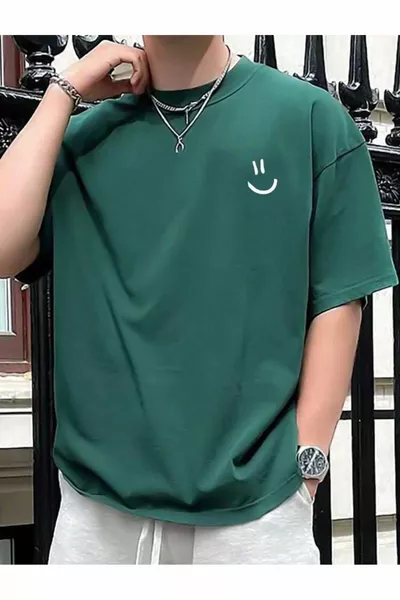 Unisex Baumwoll-T-Shirt mit lächelndem Gesicht auf der Brust, Basic Comfort, Grün