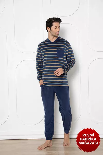 طقم بيجامة رجالي من المخمل بكحلي مخطط عرضياً بياقة دائرية وأكمام طويلة -  ®