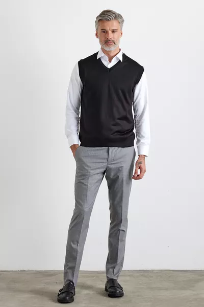 سترة رجالية بدون أكمام بياقة V، مقاس عادي، تصميم قياسي، كنزة صوفية