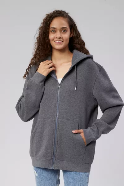 سويت شيرت نسائي بأكمام طويلة من Mooncover بغطاء للرأس وجيب كنغر وسحاب – رمادي غامق