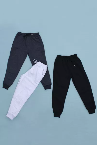 Pantaloni da jogging per bambini maschi modello semplice a tre colori nero-grigio-fumo con doppia tasca