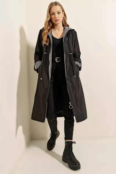  Black Drawstring Hooded Trench Coat