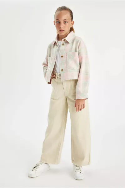 Kız Çocuk Wide Leg Geniş Bol Paça Cepli Pamuklu Bej Okul Pantolonu AU