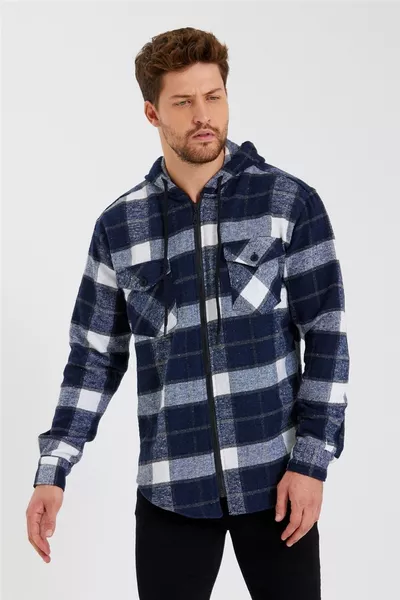 Men's Blue Plaid Double Pocket Hooded Flannel Shirt - s