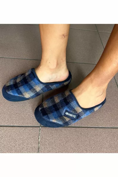 PLAID DA UOMO DI COLORE BLU NAVY FELTRO SUOLA ANATOMICA PANTOFOLE DA CASA AL COPERTO PACCHETTO DA SPOSO ROBIN