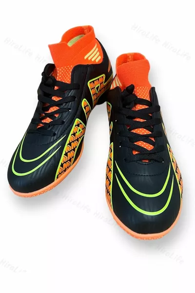 YENİ SEZON Çoraplı Halı Saha Krampon Futbol Ayakkabısı  Siyah Turuncu (Dar Kalıptır)