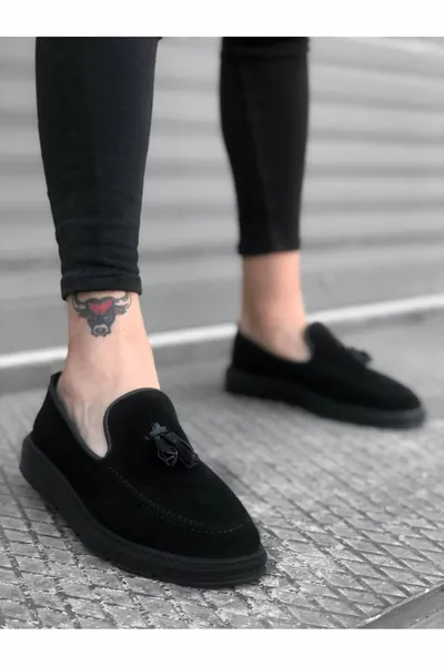  عديمة الدانتيل عالية النعل الكلاسيكية من جلد الغزال الأسود الأسود وحيد شرابة أحذية رجالية