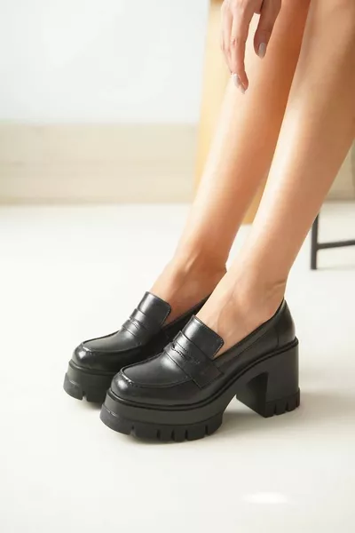 Nero Casual Tacchi Alti Piattaforma Mocassino Scarpe Da Donna