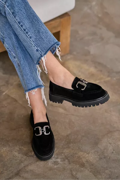 Paprica Black Замша Натуральная Кожа Передняя Металлическая Пряжка Толстая Подошва Женские Мокасины