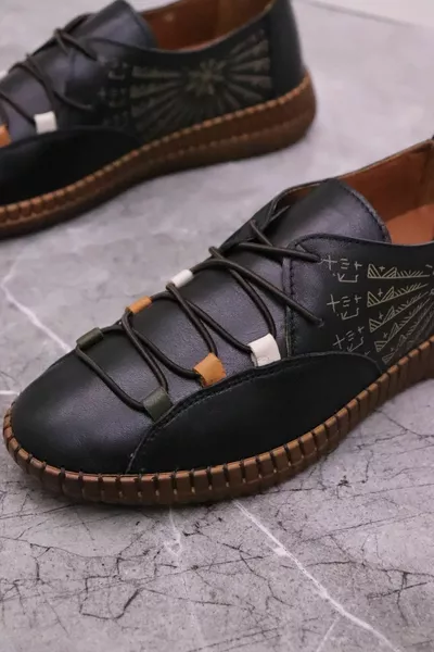 -  أسود جلد طبيعي كاجوال نسائي كاجوال أحذية