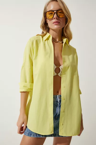 Lichtgeel oversized lang basic damesoverhemd 