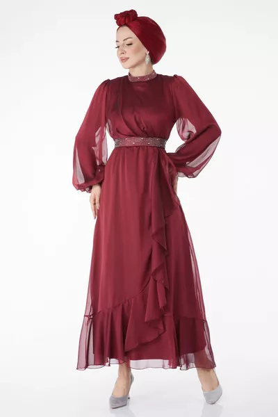 Robe de soirée droite à col juge pour femme en pierre de Bourgogne - 