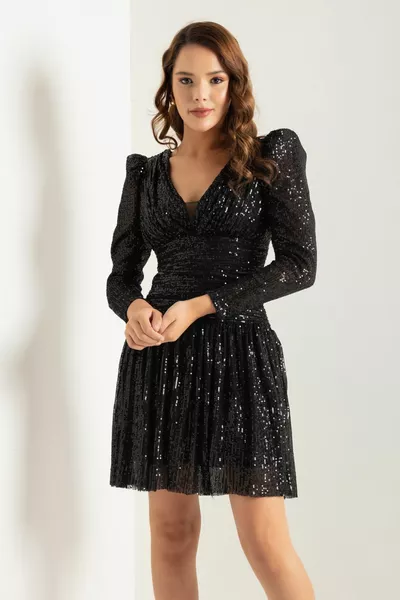 المرأة الأسود كم طويل الترتر البسيطة مساء اللباس