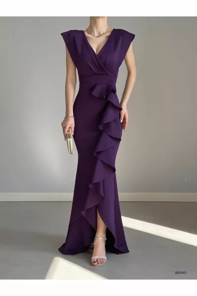 Вечернее платье макси с V-образным вырезом и воланами