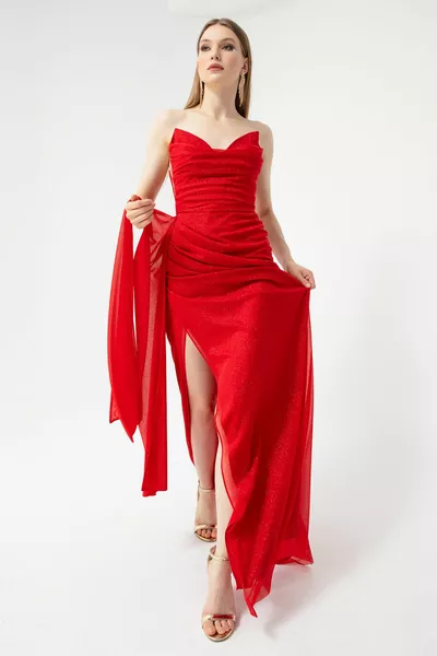 Robe de soirée à paillettes drapées de fente rouge pour femmes