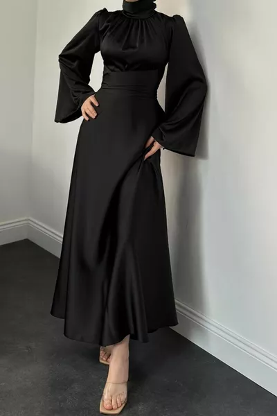 Violet Spaanse Mouw Taille Stropdas Satijnen Jurk Zwart