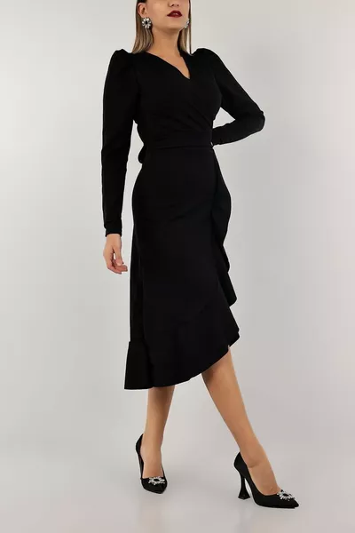 Двуредна яка Креп Плат Миди дължина Вечерна рокля с колан Сватбен годеж Обещание Дипломиране