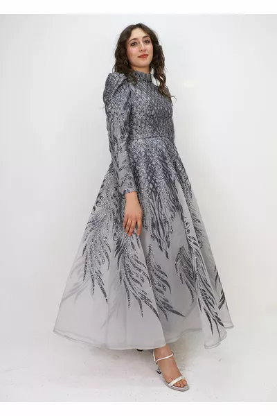  ANTERIORE E POSTERIORE ARGENTO PALLONCINO MANICA CINTURA IN VITA PRINCIPESSA MODELLO DESIGN ABITO DA SERA QYS ABITO DA SERA  # 2