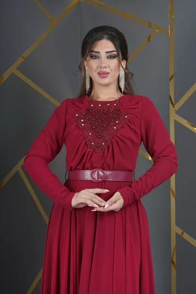 Hijab Chiffon Design Guipure Perla Cintura Accessorio Abito Lungo Abito Da Sera