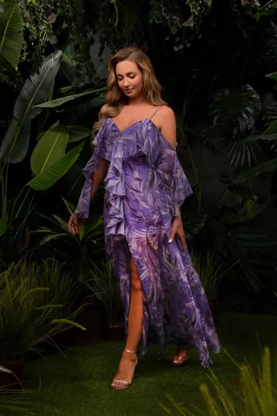 Женское узорчатое шифоновое вечернее платье сиреневого цвета