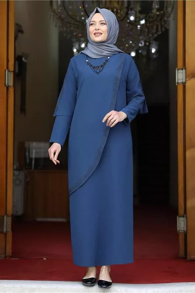 Marineblaues (INDIGO) Abendkleid mit Steindetails und asymmetrischem Schnitt für Damen 