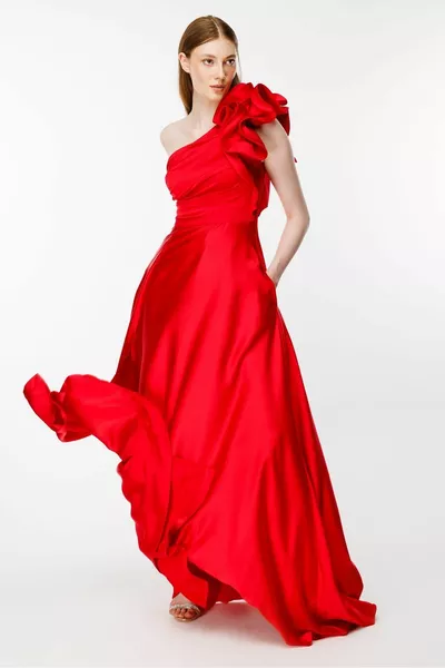 Satin Evening Dresses with Ruffled Shoulder Slits - RED