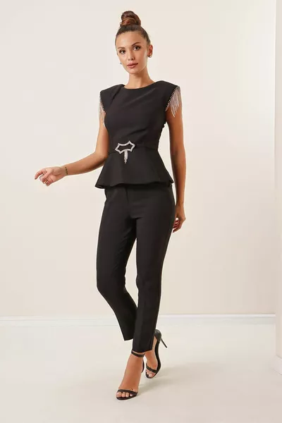 أكتاف حجر وسلسلة مفصلة حزام الخصر بلوزة السراويل مجموعة من 2 أسود