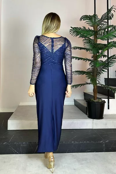  Uzun Kol Simli Tasarım Elbise Lacivert