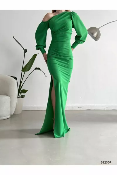Off-the-Shoulder Design Long Sleeve Slit Maxi Length Evening Dress