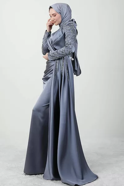 فساتين سهرة الحجاب الآسيوية رمادي