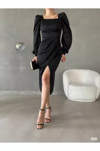 مربع الرقبة أسود ميدي طول الساتان مساء اللباس