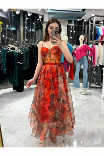 Melosi цветен модел шифон вечерна рокля-оранжево