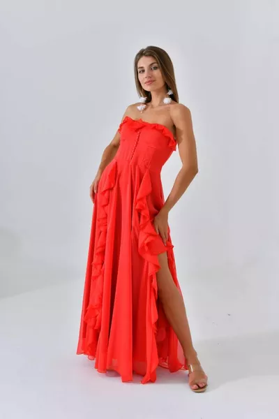 Button and Ruffle Detailed Strapless Evening Dress
