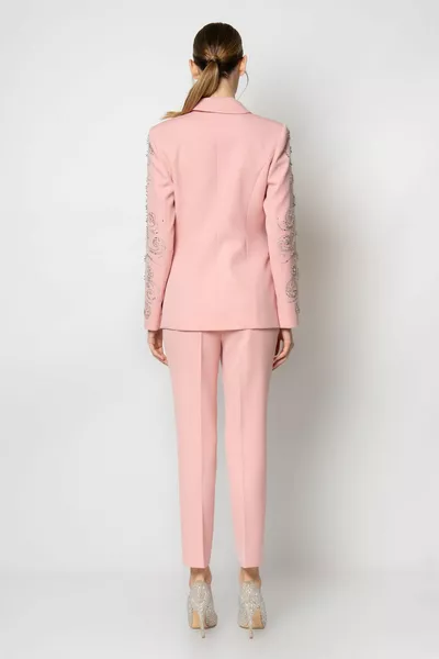 فستان سهرة مزدوج مع سروال كريب مع سترة لاصقة بالحجر