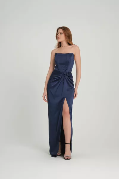 Damen Satin Riemen Bügel Knoten Detail Schlitz Langes Satin Gefüttert Hochzeit Verlobung Einladung Abendkleid